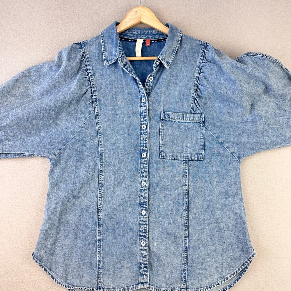 Maeve Anthropologie Chambray Denim Shirt Womens M Blue‎ Button Up Puff Sleeve - Picture 2 of 10